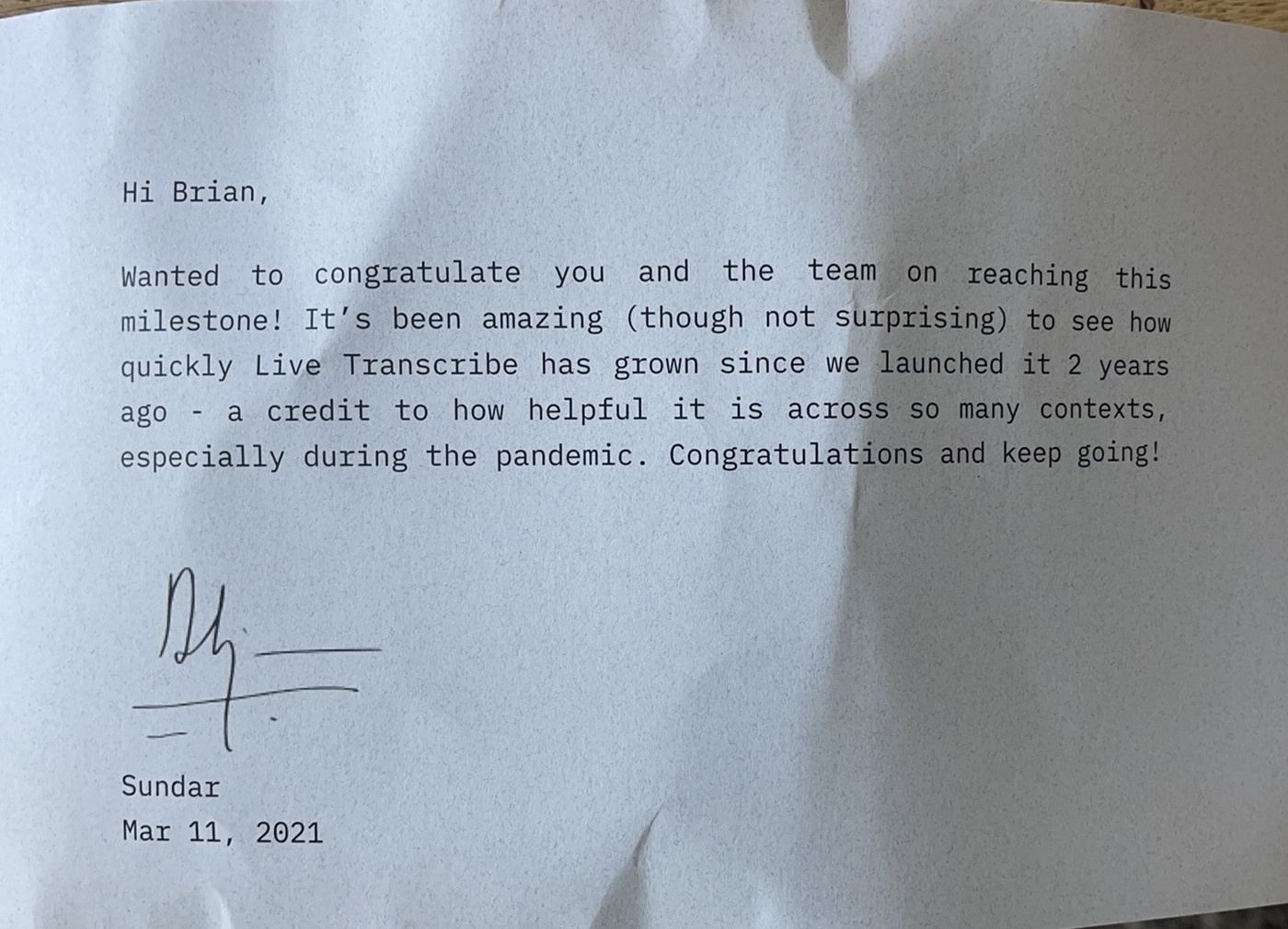 Personal note from Sundar Pichai, CEO of Google, congratulating Brian on the Live Transcribe milestone